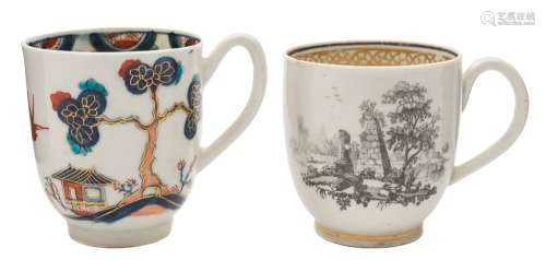 Two First Period Worcester coffee cups: one painted in the Imari palette with two landscape