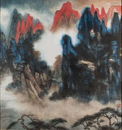 A Chinese painting, mountain landscape with fir trees in the foreground:, bears the seal of Wu Hang,