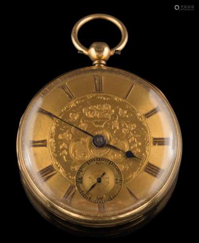 A gentleman's 18ct gold key-wound, open face pocket watch: the foliate engraved dial 43mm diameter,