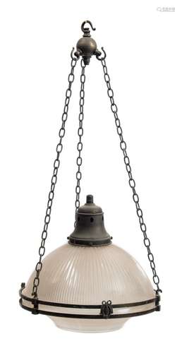 A Victorian opaque glass ceiling light: the domed and fluted shade supported on a bronzed metal