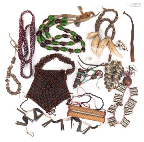A collection of mostly African tribal artifacts: including Ndebele (South Africa) beadwork,