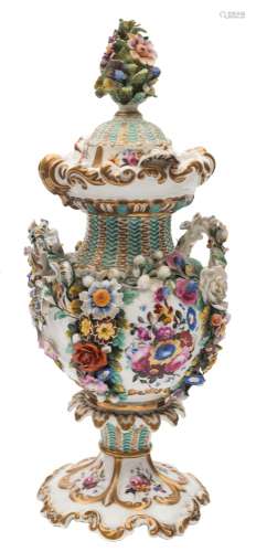 A 19th century Continental two-handled baluster vase and cover: applied and painted with flowers
