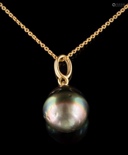 A single cultured black pearl pendant: the cultured pearl approximately 14mm x 13mm suspended from