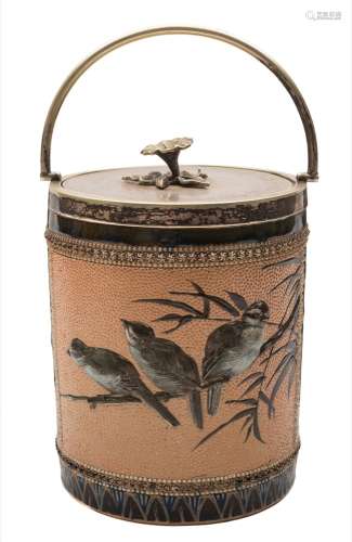 A Doulton Lambeth stoneware biscuit barrel and cover by Florence Barlow: with plated mounts and
