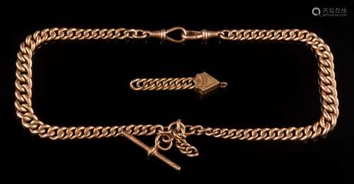 A 9ct gold graduated curb-link watch chain: with bar and two swivels attached, approximately 63gms,