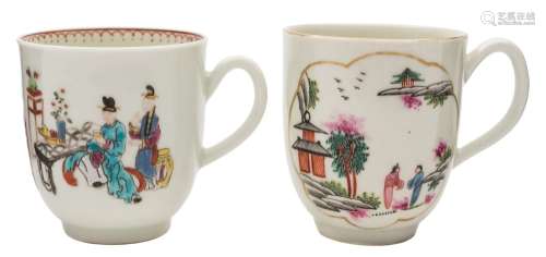 Two First Period Worcester polychrome coffee cups: one painted with the 'Stag Hunt' pattern within
