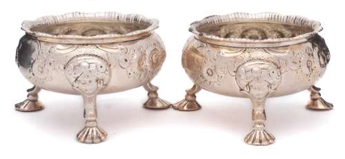 A pair of George II silver salts, maker's marks worn, London,
