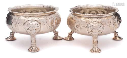 A pair of George II silver salts, maker's marks worn, London,
