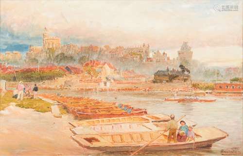 Albert Goodwin [1845-1932]- The Thames at Windsor; figures in a punt in the foreground, a study,