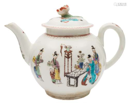 A First Period Worcester porcelain teapot and cover: of cannon ball form the domed cover with