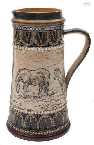 A Doulton Lambeth stoneware jug by Hannah Barlow: of tapering cylindrical form,