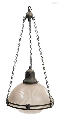 A Victorian opaque glass ceiling light: the domed and fluted shade supported on a bronzed metal