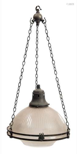 A Victorian opaque glass ceiling light: the domed and fluted shade supported on a bronzed metal