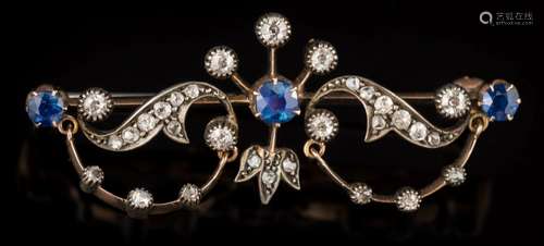 A 19th century sapphire and diamond bar brooch: 47mm total length and suspending diamond-set