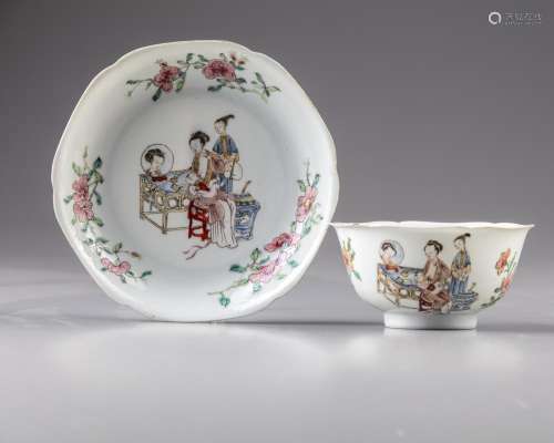 A CHINESE FAMILLE ROSE LADY AND BOY LOBED BOWL AND SAUCER