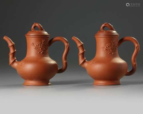A PAIR OF CHINESE YIXING 'THREE FRIENDS OF WINTER' TEAPOTS