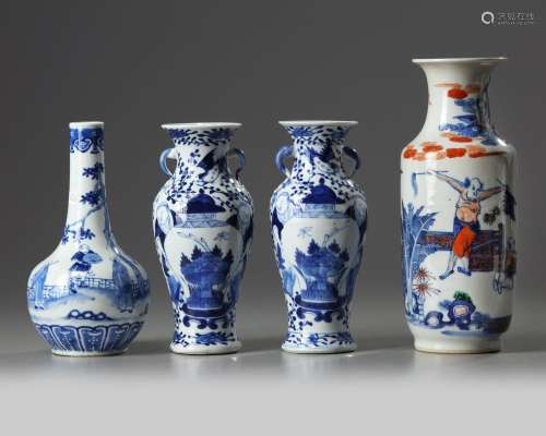 A GROUP OF FOUR CHINESE BLUE AND WHITE FIGURAL VASES