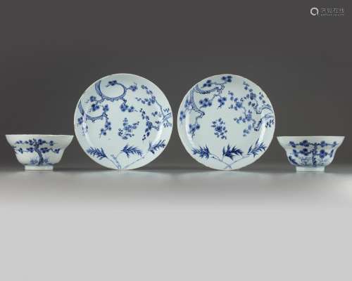 TWO PAIRS OF CHINESE BLUE AND WHITE 'THREE FRIENDS OF WINTER' OGEE BOWLS AND PLATES