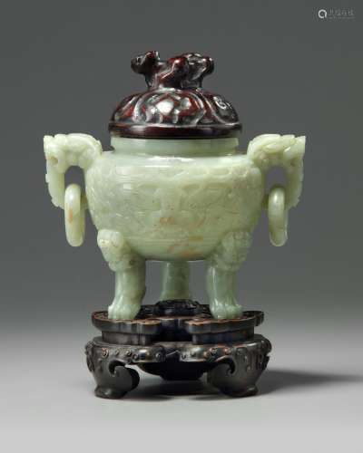 A CHINESE PALE CELADON JADE CENSER