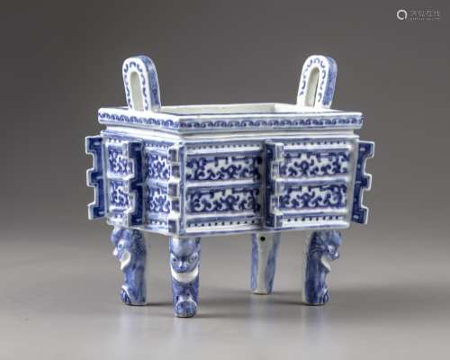 A CHINESE BLUE AND WHITE ARCHAISTIC CENSER, FANG DING