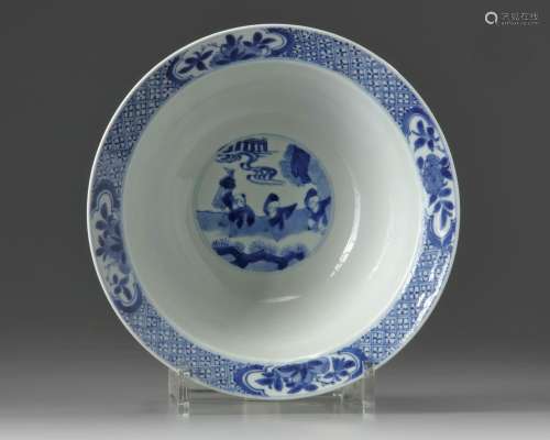 A CHINESE BLUE AND WHITE 'LADIES AND BOYS' KLAPMUTS BOWL