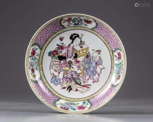 A CHINESE FAMILLE ROSE LADY AND BOYS DISH
