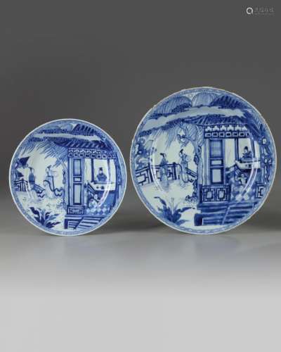TWO CHINESE BLUE AND WHITE 'ROMANCE OF THE WESTERN CHAMBER' DISHES