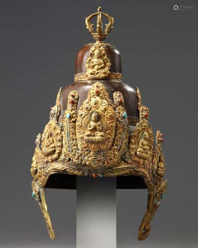 A NEPALESE PARCEL GILT COPPER RITUAL CROWN