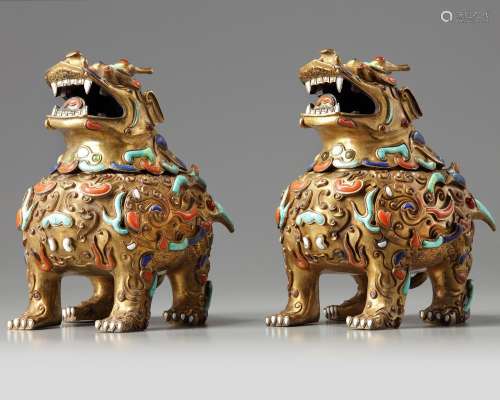 A PAIR OF CHINESE HARDSTONE-INLAID GILT BRONZE 'QILIN' CENSERS