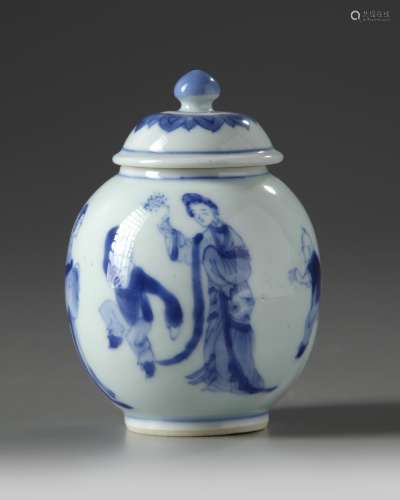 A SMALL CHINESE BLUE AND WHITE JAR AND A COVER