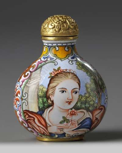 A CHINESE PAINTED ENAMEL 'EUROPEAN SUBJECT' SNUFF BOTTLE