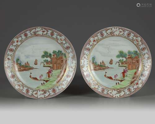 A PAIR OF CHINESE FAMILLE ROSE 'EUROPEAN SUBJECT' DISHES