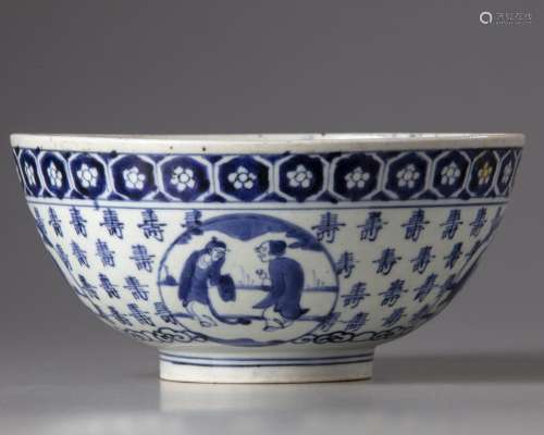 A JAPANESE BLUE AND WHITE 'EIGHT IMMORTALS' BOWL