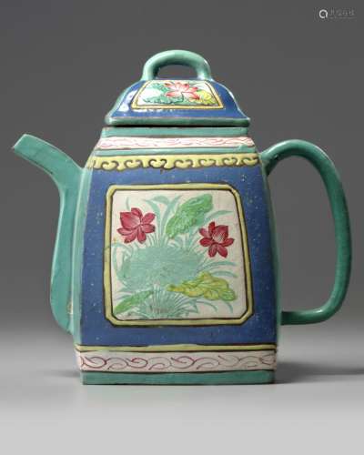 A CHINESE FAMILLE ROSE ENAMELLED YIXING TEAPOT AND COVER