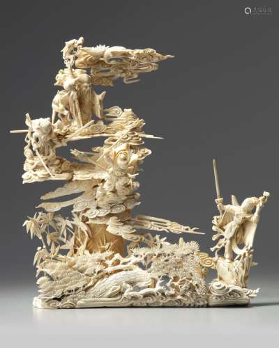 A CHINESE IVORY CARVING OF IMMORTALS