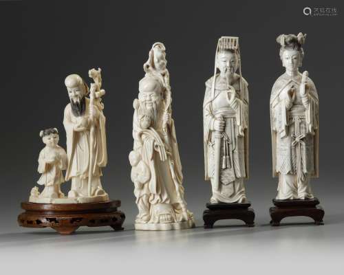 A GROUP OF FOUR CHINESE IVORY FIGURAL CARVINGS