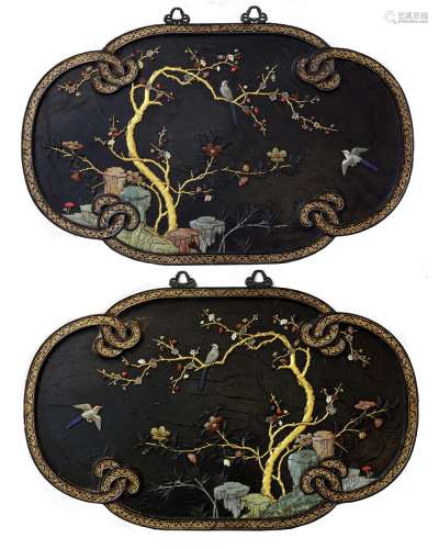 A PAIR OF LARGE CHINESE PRECIOUS OBJECTS-INLAID RUYI-SHAPED PANELS
