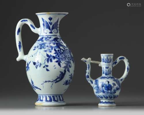 TWO CHINESE BLUE AND WHITE EWERS