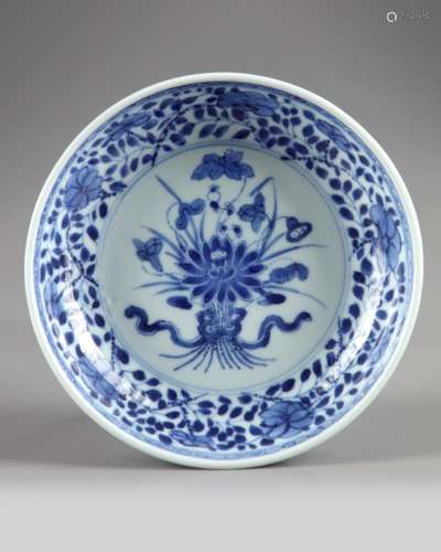 A CHINESE BLUE AND WHITE 'LOTUS BOUQUET' DISH