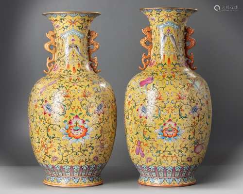 A PAIR OF LARGE CHINESE FAMILLE ROSE VASES