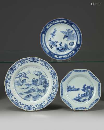THREE CHINESE BLUE AND WHITE DISHES