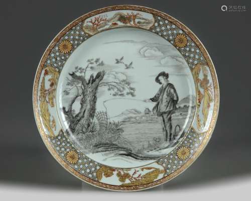 A CHINESE EN GRISAILLE AND GILT-DECORATED 'FISHERMAN' DISH