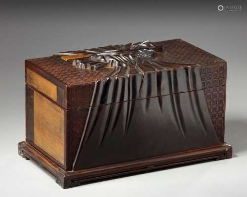 A CHINESE ZITAN, HONGMU, AND SOFTWOOD-INLAID BOOK-SHAPED BOX AND COVER