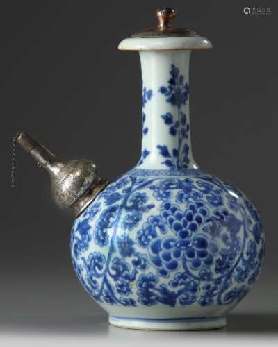 A SILVER-MOUNTED CHINESE BLUE AND WHITE 'FLOWER SCROLL' KENDI