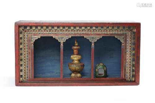 A MONGOLIAN BUMPA AND A LACQUERED WOOD ALTAR BOX