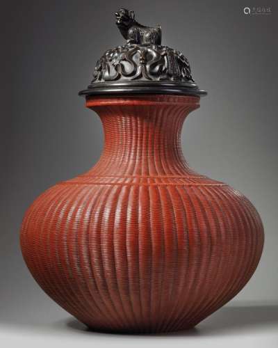 A LARGE CHINESE CORAL-RED-GLAZED 'FISH BASKET' VASE