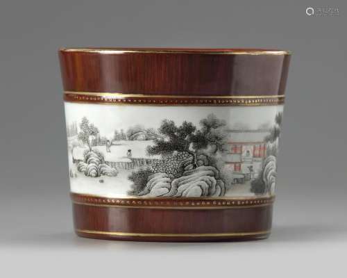 A CHINESE FAUX BOIS AND EN GRISAILLE-DECORATED BRUSH POT, BITONG