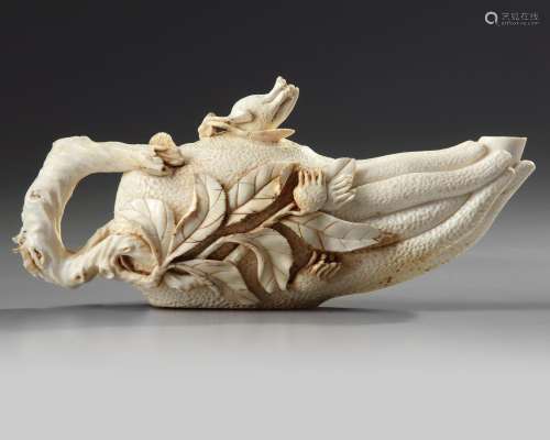A CHINESE CARVED IVORY 'FINGER CITRON' EWER