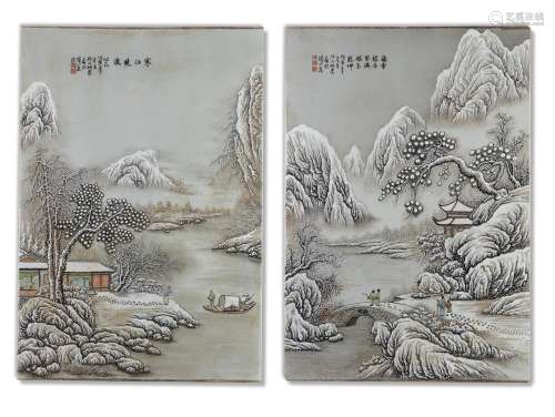 TWO LARGE CHINESE ENAMELLED SNOWSCENE PLAQUES