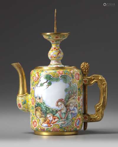 A CHINESE PAINTED ENAMEL 'EUROPEAN SUBJECT' TEAPOT AND PRICKET STICK COVER